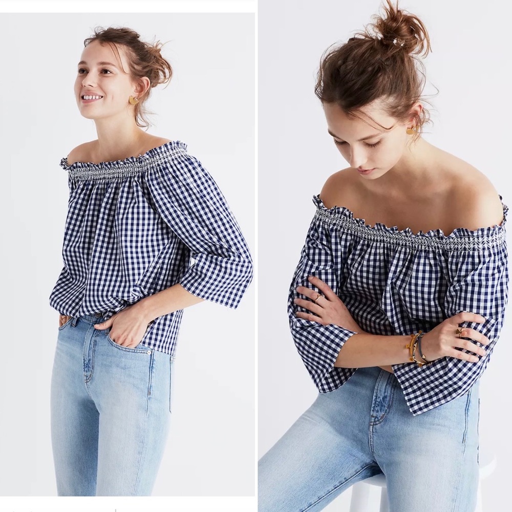 Madewell smocked gingham off shoulder top| size medium